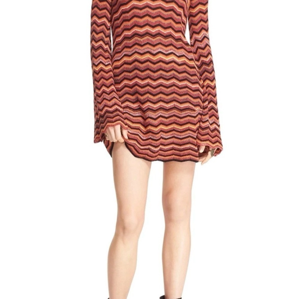Free People Ziggy Zig Zag Tunic Style Mockneck Mini Dress Orange and Black Small - Picture 2 of 10